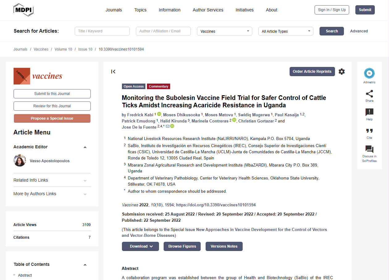 Publisher page for Monitoring the Subolesin Vaccine Field Trial for Safer Control of Cattle Ticks Amidst Increasing Acaricide Resistance in Uganda
