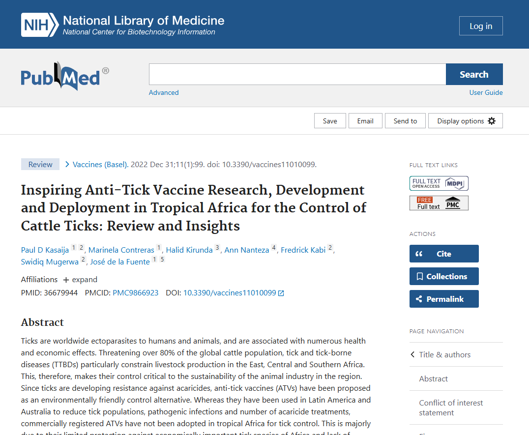 Publisher page for Inspiring Anti-Tick Vaccine Research, Development and Deployment in Sub-Saharan Africa