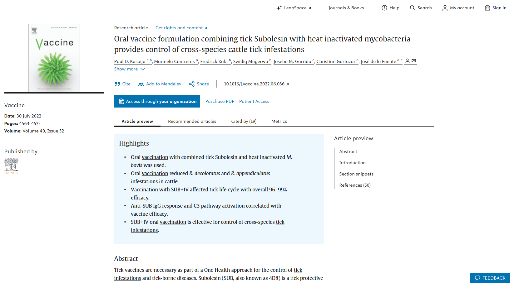 Publisher page for Oral vaccine formulation combining tick Subolesin with heat inactivated mycobacteria provides control of cross-species cattle tick infestations