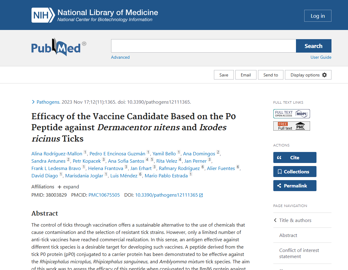 Publisher page for Efficacy of the Vaccine Candidate Based on the P0 Peptide against Dermacentor nitens and Ixodes ricinus Ticks