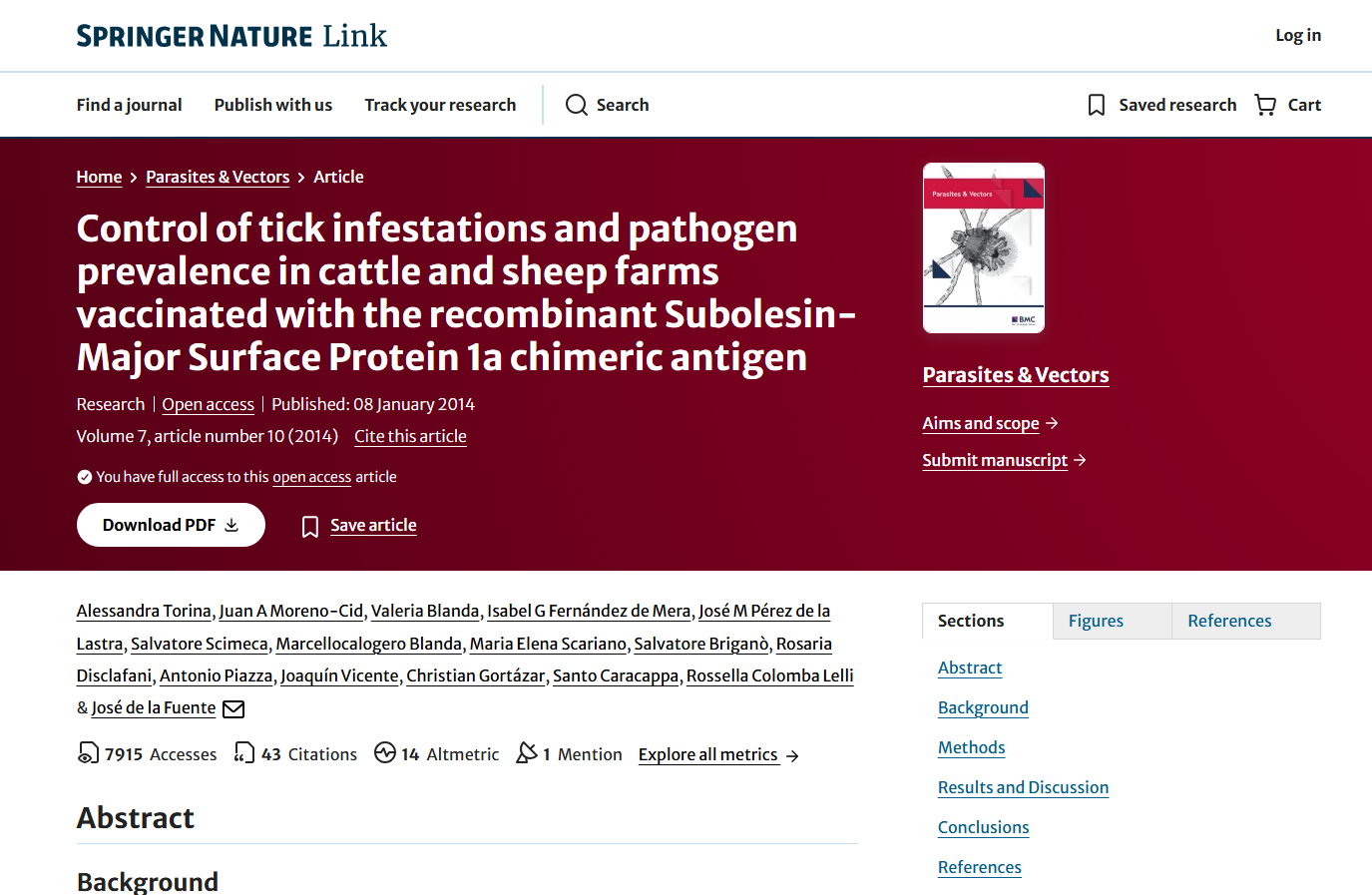 Publisher page for Control of tick infestations and pathogen prevalence in cattle and sheep farms vaccinated with the recombinant Subolesin-Major Surface Protein 1a chimeric antigen