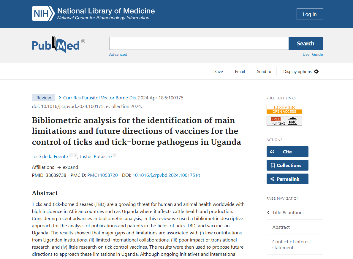 Publisher page for Bibliometric analysis for the identification of main limitations and future directions of vaccines for the control of ticks and tick-borne pathogens in Uganda