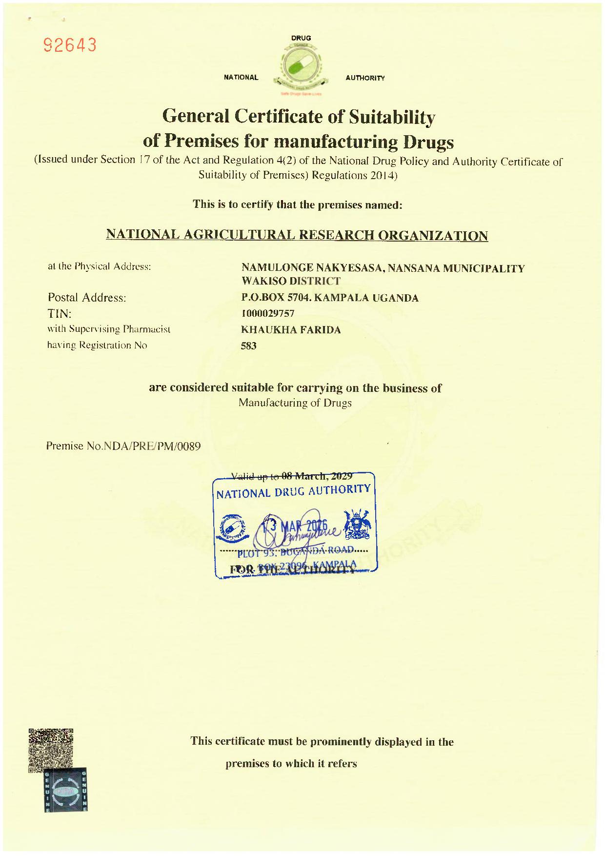 Certificate of Suitability of Premises